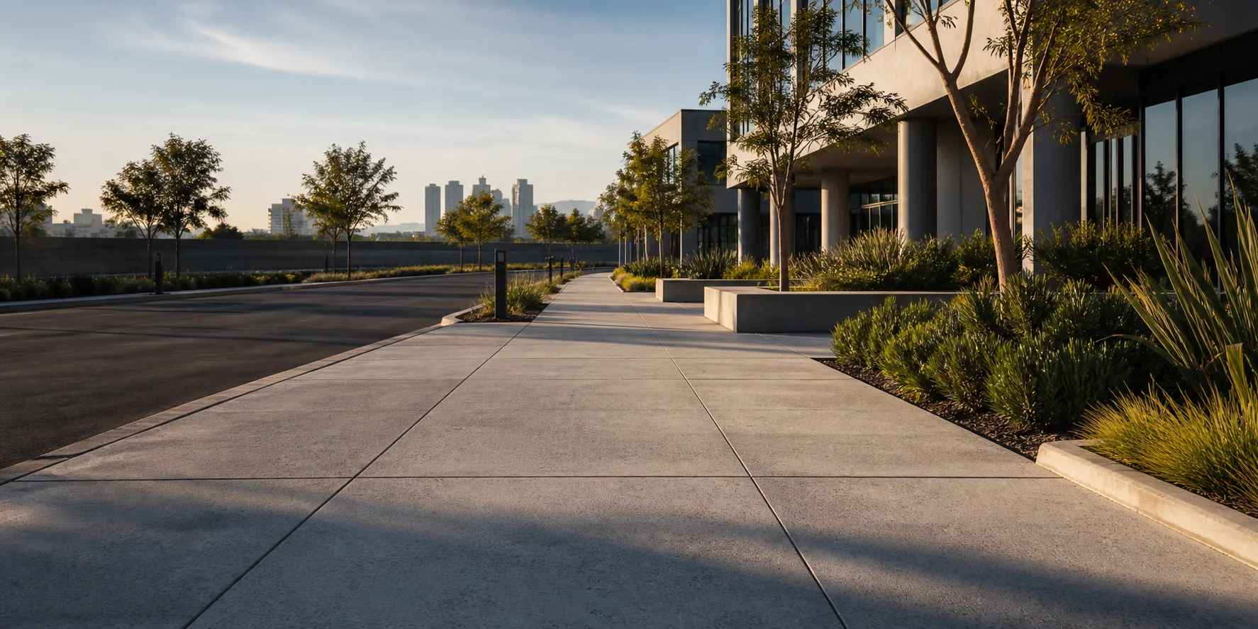 Representative modern Los Angeles commercial property and concrete pedestrian route