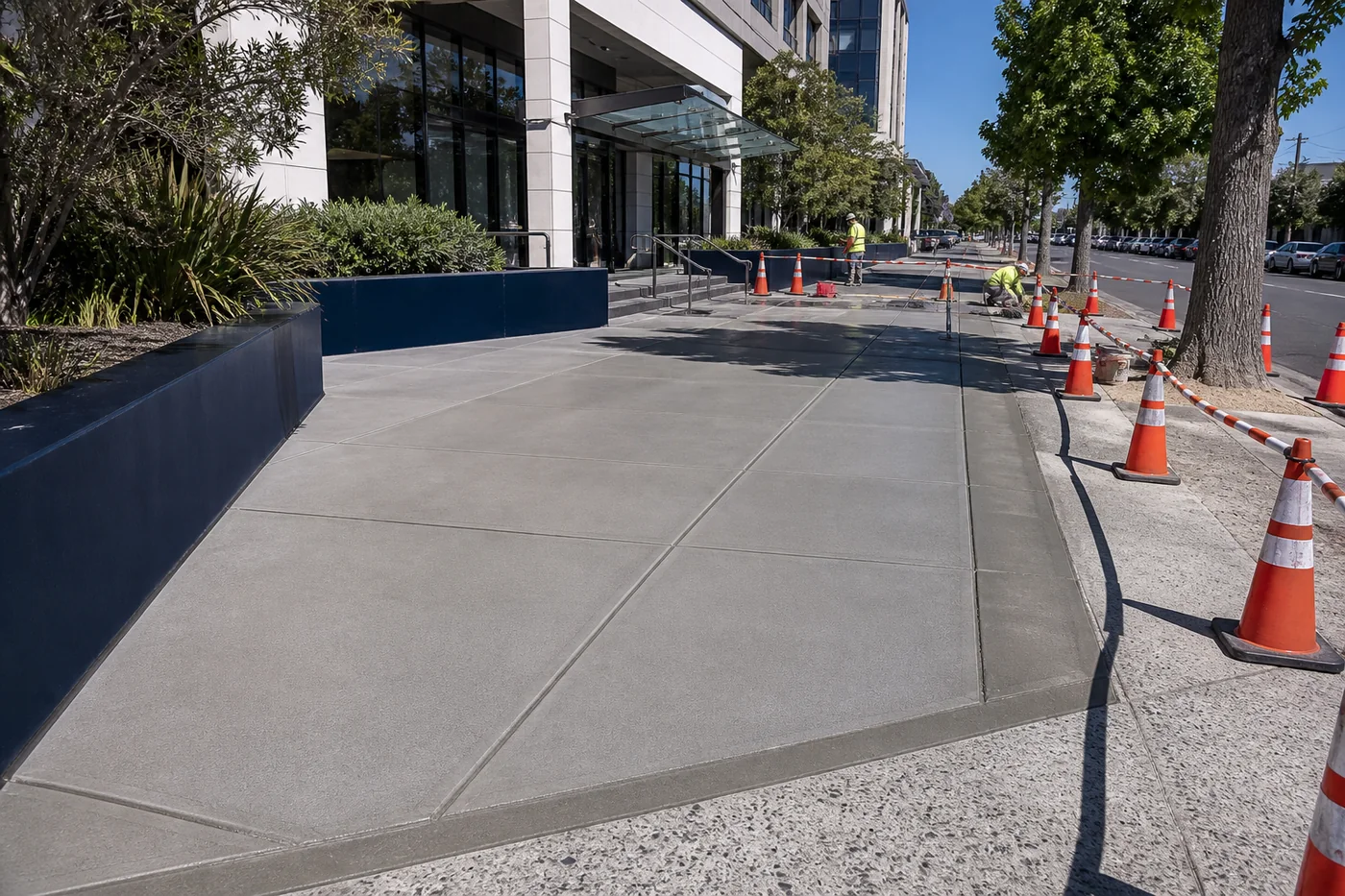 Commercial sidewalk and concrete work area at a large property