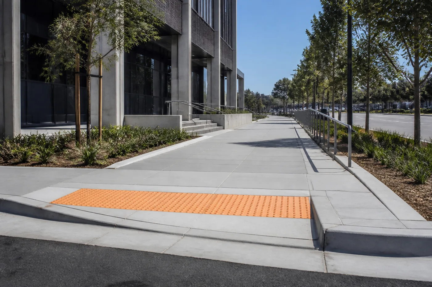 Accessible curb ramp and commercial pedestrian route